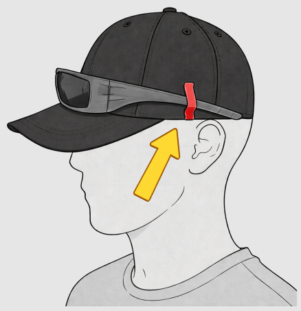 Illustration of a person wearing a black cap with sunglasses on top of the hat and a yellow arrow pointing to the placement of Crab Clips, clips to hold your sunglasses on your hat.